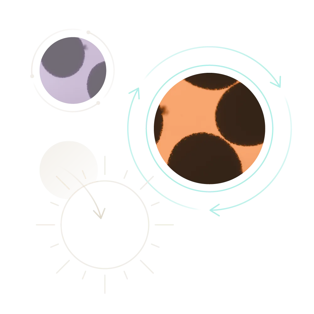 Circular line illustrations highlighting microscopic cell photography.