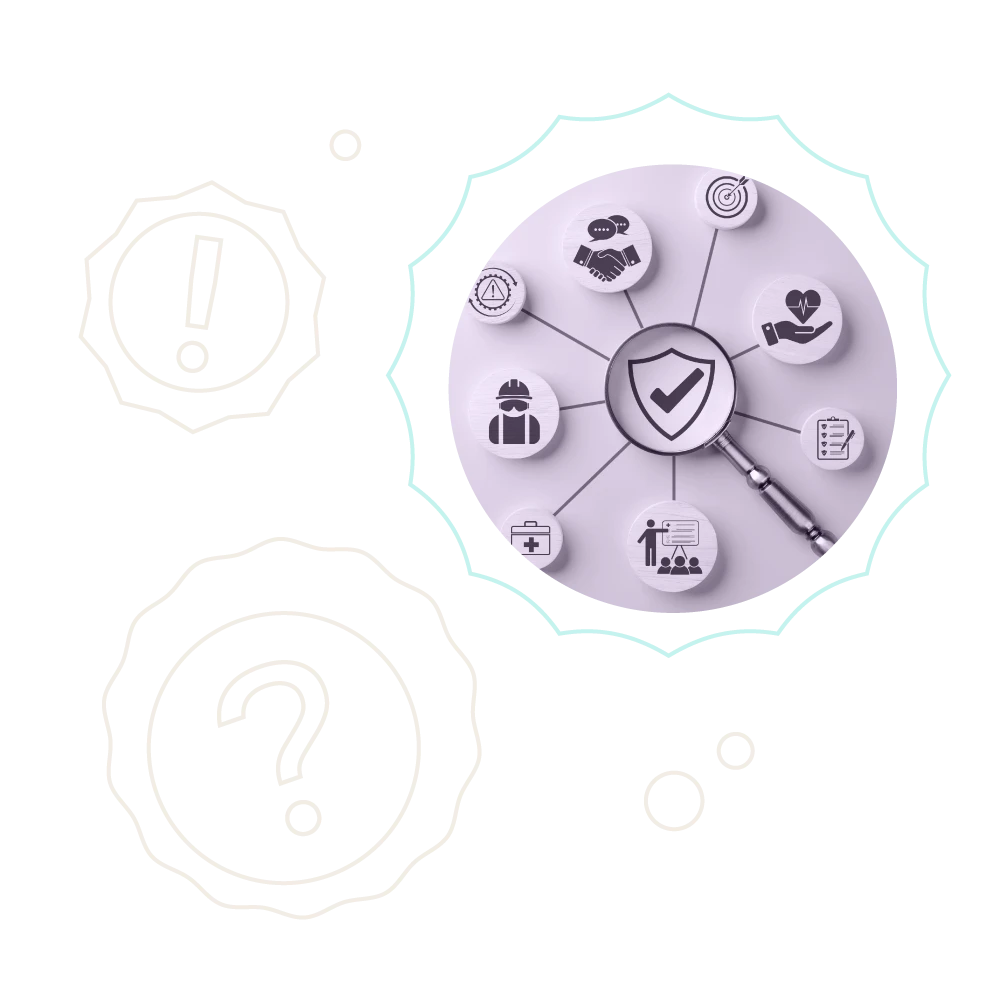 A magnifying glass with icons surrounded by circular lines next to an exclamation point and a question mark.