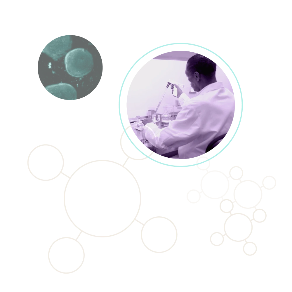 Circular line illustrations highlighting microscopic cell photography and a person working in a lab.